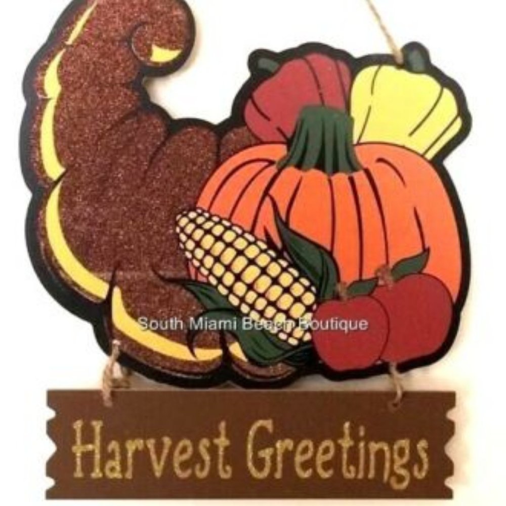 Cornucopia Fall Decor Sign HARVEST GREETINGS Thanksgiving Wall Door Plaque Wood